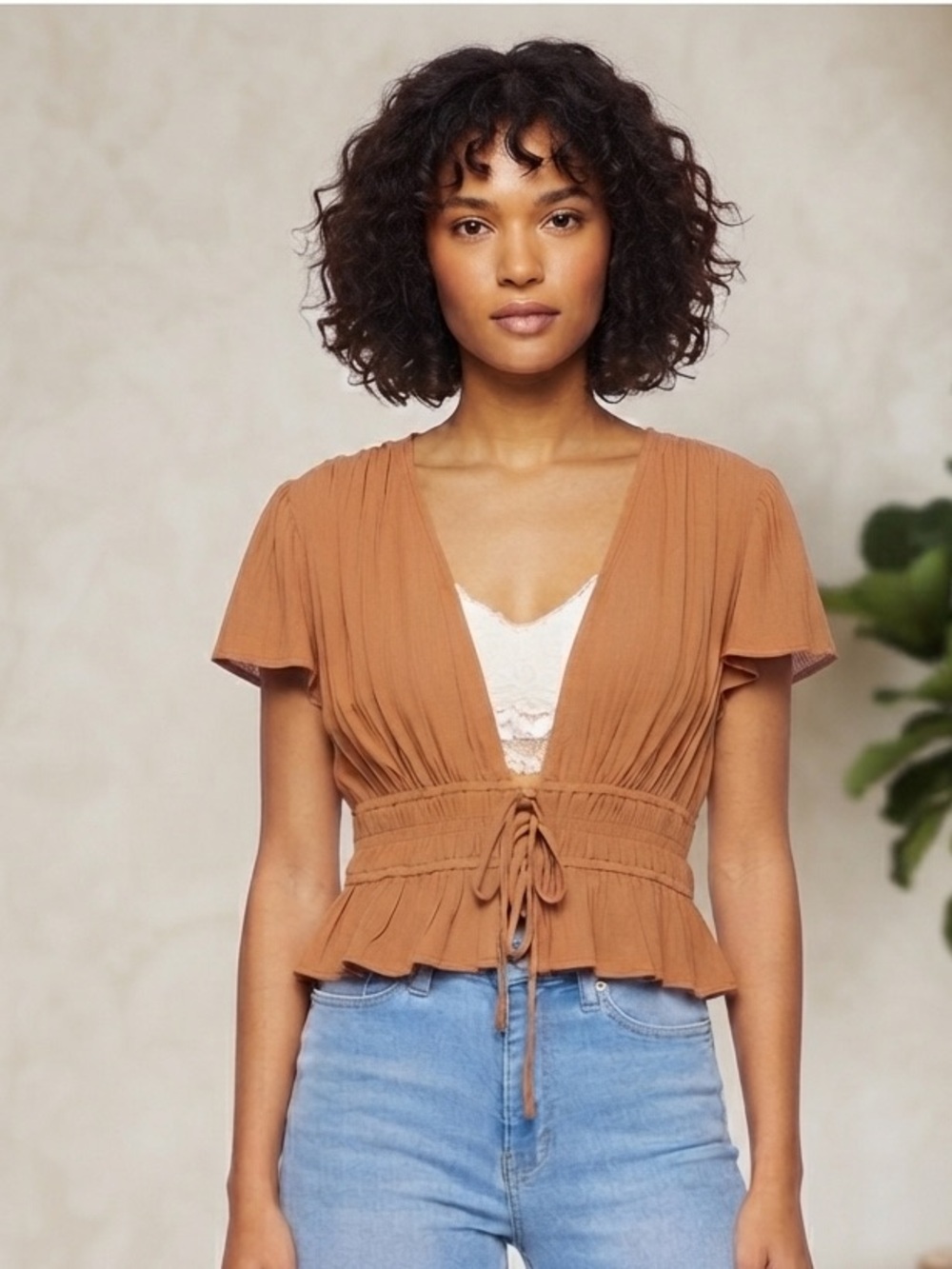 Forever 21 Plunging Butterfly Sleeve Crop Top in Maple